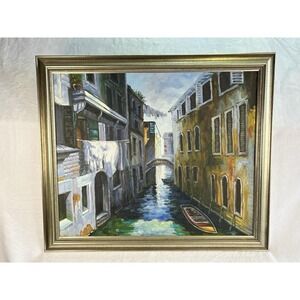 Original Oil On Canvas Painting Venice Canal Signed W. Douglas 27.5x23.5 Framed